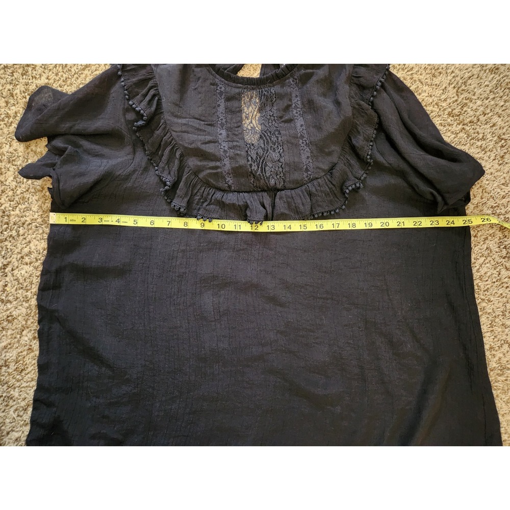 Rouge‎ Collection Black Lace Ruffle Pom Pom Gauze Blouse Womens 2X Boho Top - Picture 4 of 8